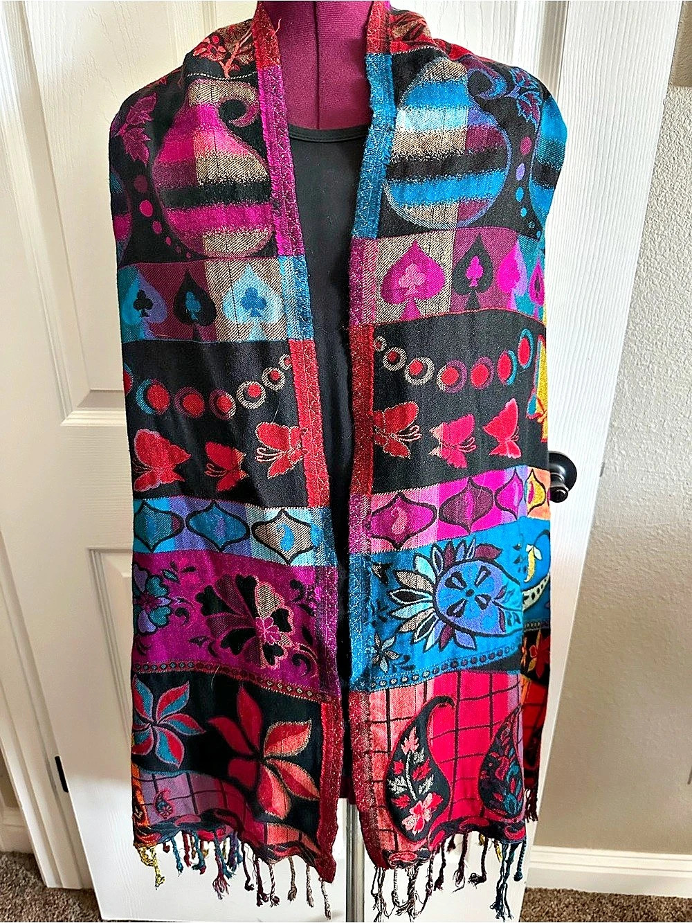 Multicolor Patchwork Fringe Scarf Like New